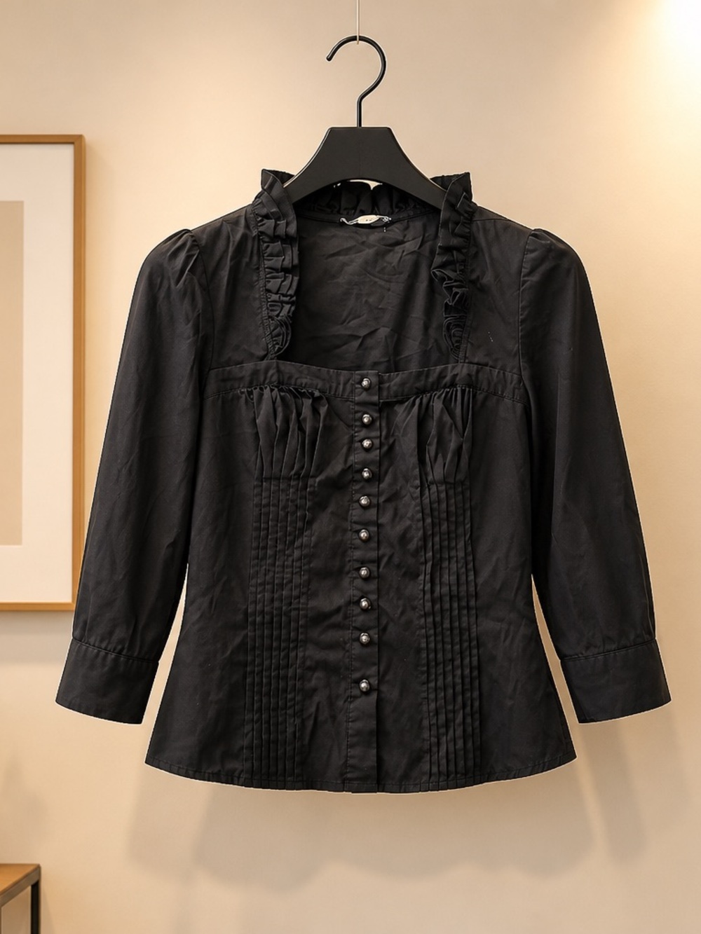 Ali & Kris Black Ruffle-Trim Button Front Blouse
